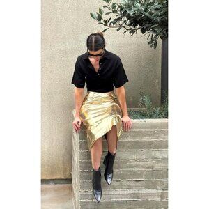 Du Paradis Metallic Midi Skirt L Gold Polyester Womens Eco Friendly Fashion NWT